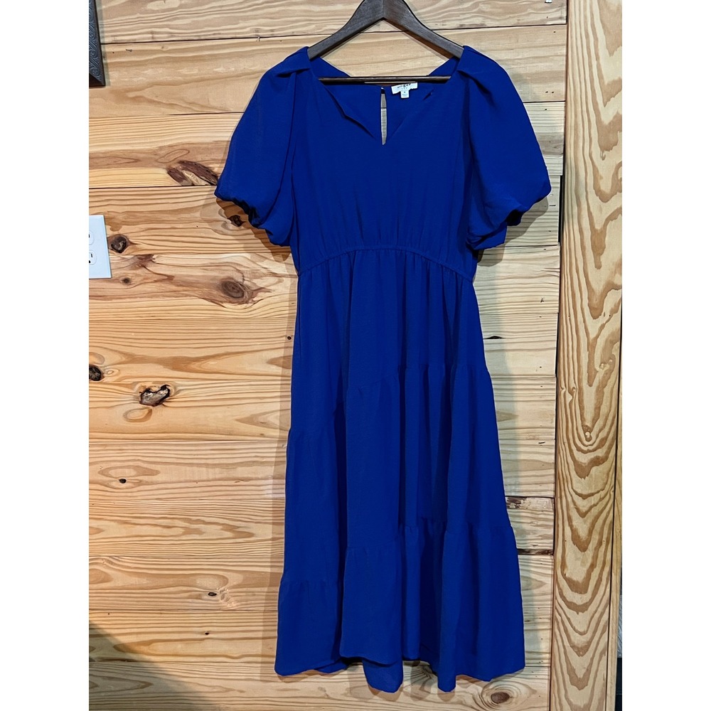 Umgee Blue Tiered Ruffle Short Balloon Sleeve Sweetheart Midi Dress Boho Medium